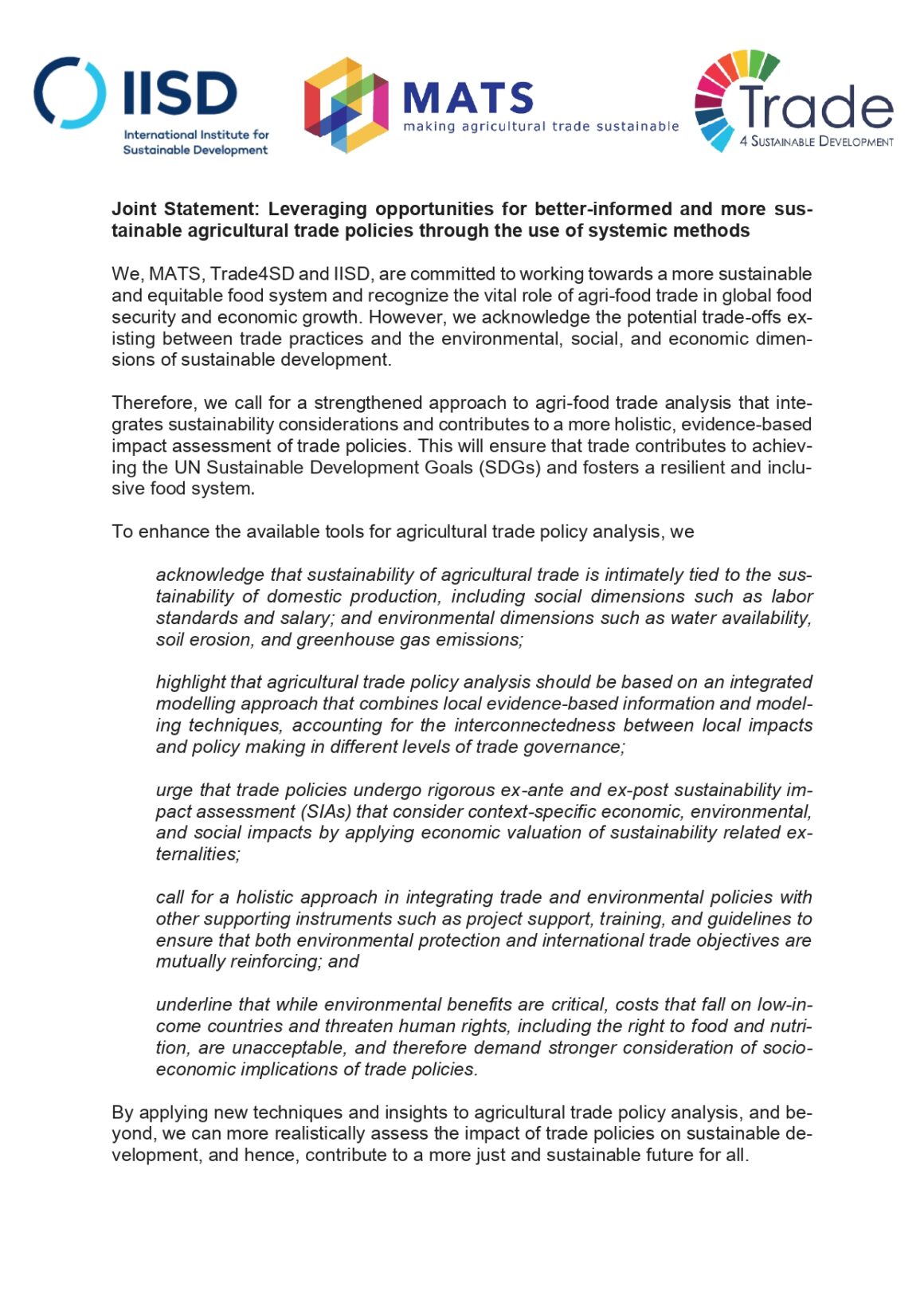 Leveraging Opportunities for Better-Informed and More Sustainable Agricultural Trade Policies Through the Use of Systemic Methods